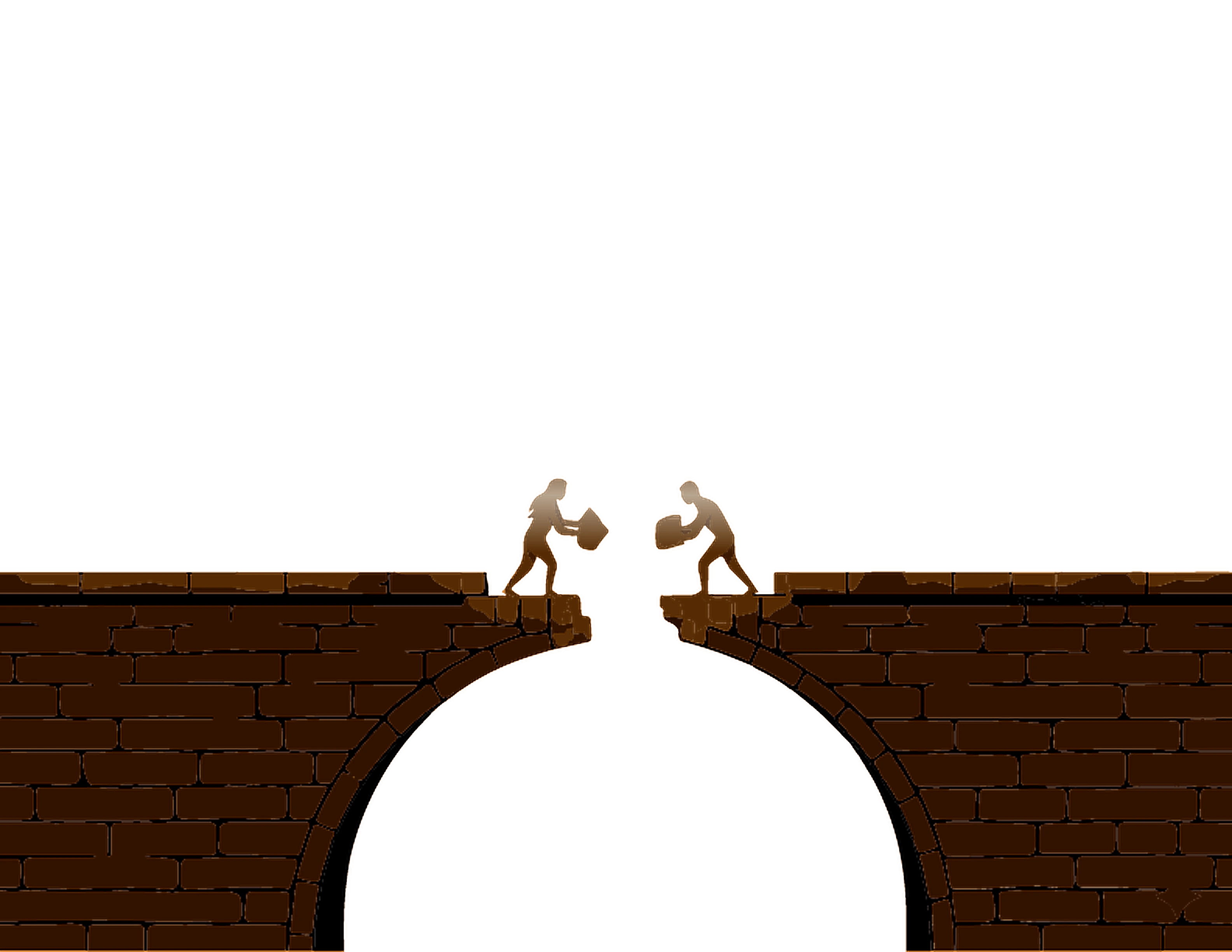 Two builders closing the last gap of a stone bridge